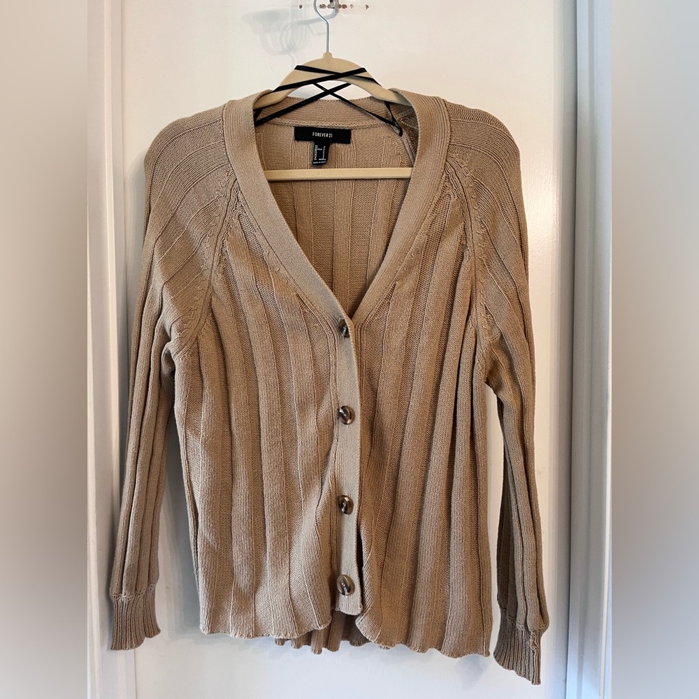 Forever 21 Taupe Ribbed Button-Front Cardigan